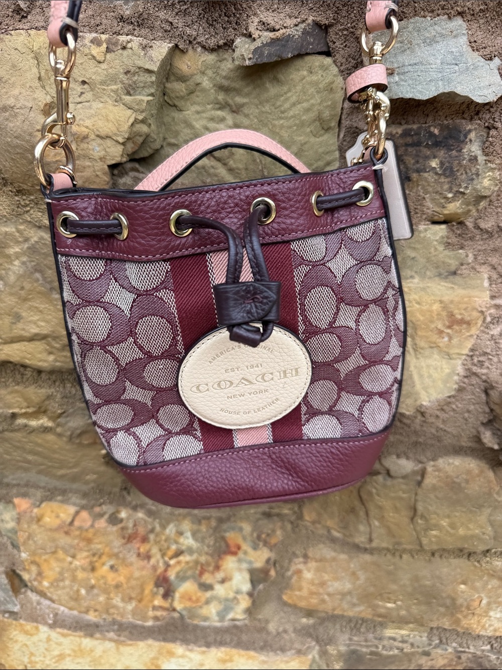 Coach Burgundy Signature Stripe Drawstring Crossbody with Cream Medallion - Picture 5 of 12